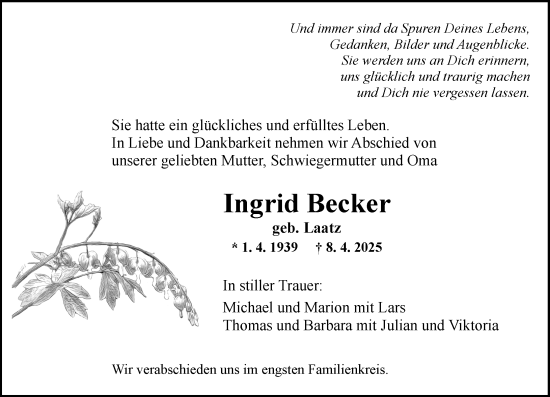 Traueranzeige von Ingrid Becker von Allgemeine Zeitung Mainz