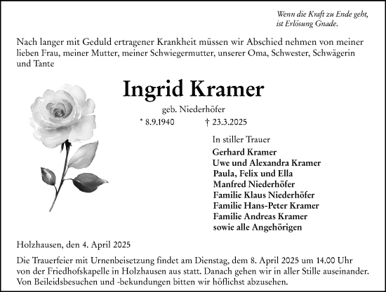 Traueranzeige von Ingrid Kramer von Hinterländer Anzeiger