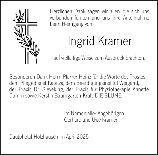 Traueranzeige von Ingrid Kramer von Hinterländer Anzeiger