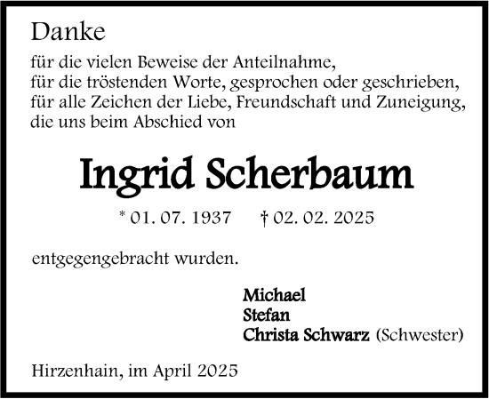 Traueranzeige von Ingrid Scherbaum von Dill Block