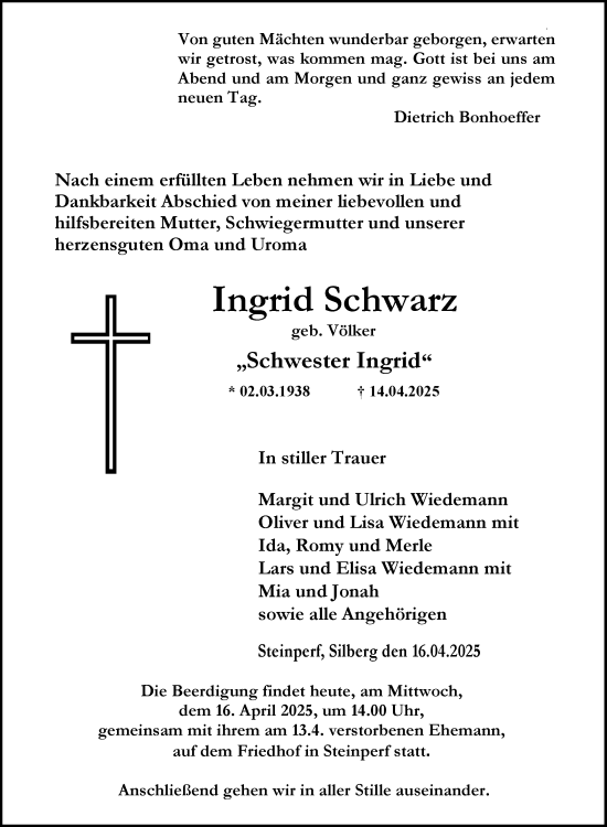 Traueranzeige von Ingrid Schwarz von Hinterländer Anzeiger