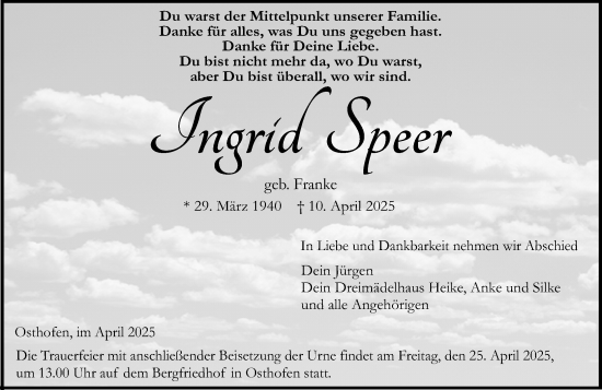 Traueranzeige von Ingrid Speer von Wormser Zeitung