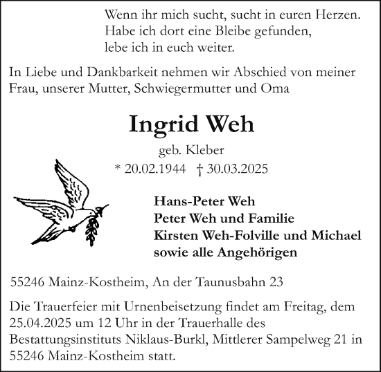 Traueranzeige von Ingrid Weh von Allgemeine Zeitung Mainz