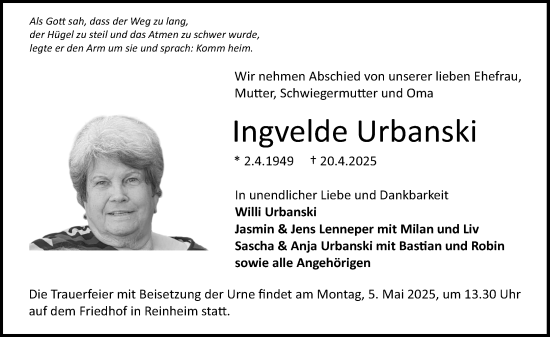Traueranzeige von Ingvelde Urbanski von Darmstädter Echo