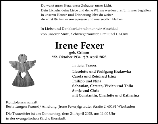 Traueranzeige von Irene Fexer von Wiesbadener Kurier