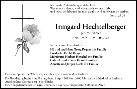 Traueranzeige von Irmgard Hechtelberger von Allgemeine Zeitung Alzey