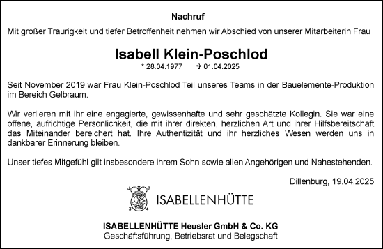 Traueranzeige von Isabell Klein-Poschlod von Dill Block