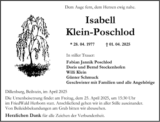 Traueranzeige von Isabell Klein-Poschlod von Dill Block