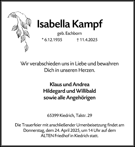 Traueranzeige von Isabella Kampf von Rheingau Kurier