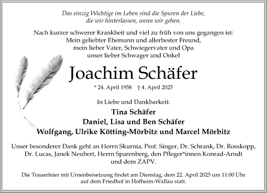 Traueranzeige von Joachim Schäfer von Wiesbadener Kurier