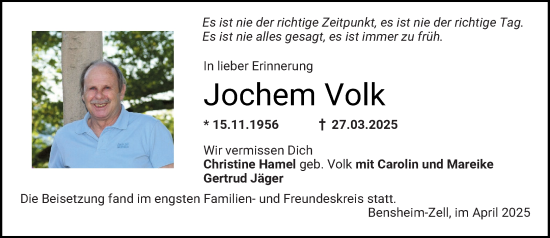 Traueranzeige von Jochem Volk von Starkenburger Echo