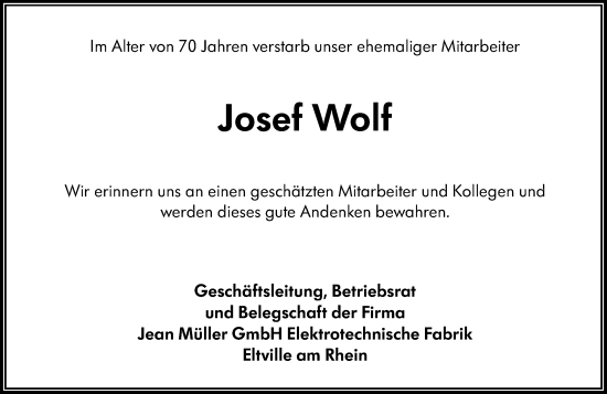 Traueranzeige von Josef Wolf von Rheingau Kurier