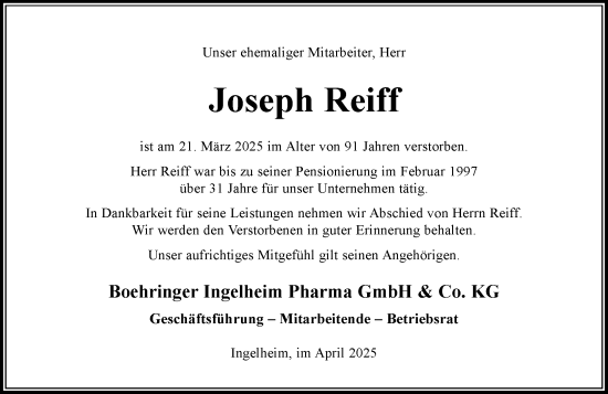 Traueranzeige von Joseph Reiff von Allgemeine Zeitung Rheinhessen-Nahe