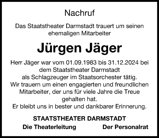 Traueranzeige von Jürgen Jäger von Darmstädter Echo