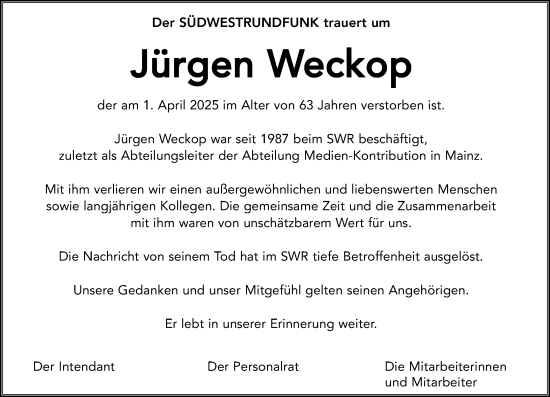 Traueranzeige von Jürgen Weckop von Allgemeine Zeitung Mainz