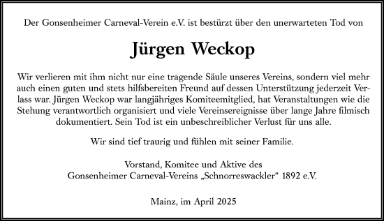 Traueranzeige von Jürgen Weckop von Allgemeine Zeitung Mainz