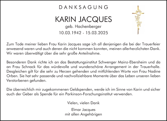 Traueranzeige von Karin Jacques von Allgemeine Zeitung Mainz