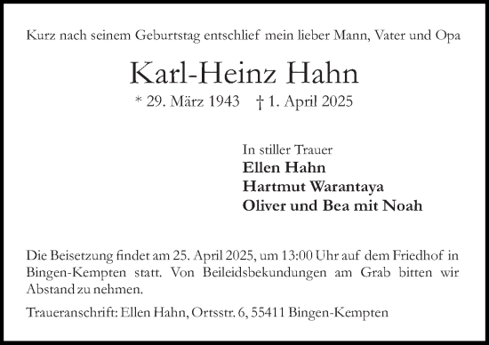 Traueranzeige von Karl-Heinz Hahn von Allgemeine Zeitung Rheinhessen-Nahe