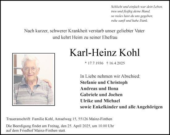 Traueranzeige von Karl-Heinz Kohl von Allgemeine Zeitung Mainz