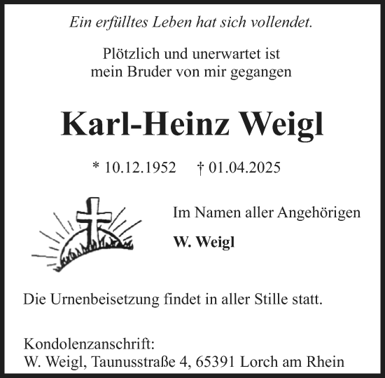 Traueranzeige von Karl-Heinz Weigl von Wiesbadener Kurier