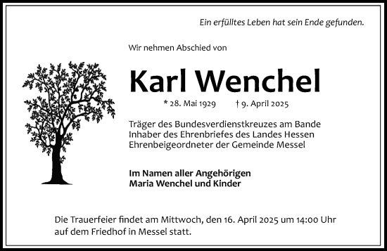 Traueranzeige von Karl Wenchel von Darmstädter Echo