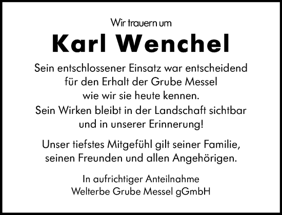 Traueranzeige von Karl Wenchel von Darmstädter Echo