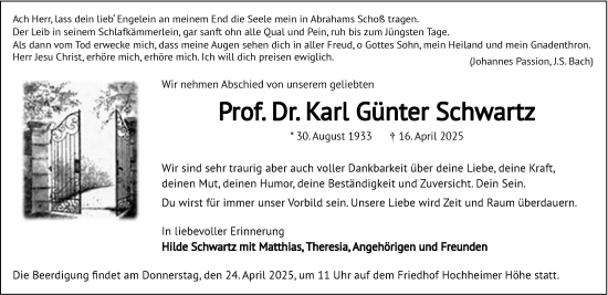 Traueranzeige von Karl Günter Schwartz von Wormser Zeitung