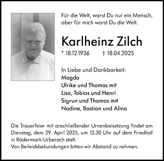 Traueranzeige von Karlheinz Zilch von Dieburger Anzeiger/Groß-Zimmerner Lokal-Anzeiger