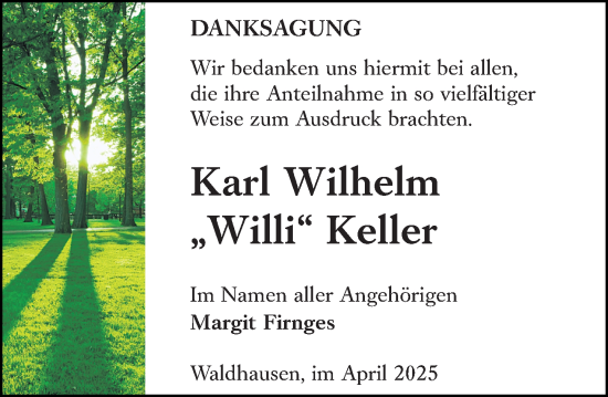 Traueranzeige von Karl Wilhelm Keller von Weilburger Tageblatt