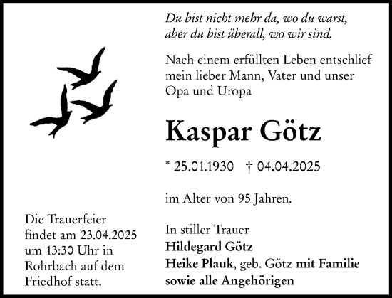 Traueranzeige von Kaspar Götz von Darmstädter Echo