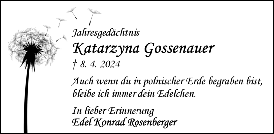 Traueranzeige von Katarzyna Gossenauer von Odenwälder Echo