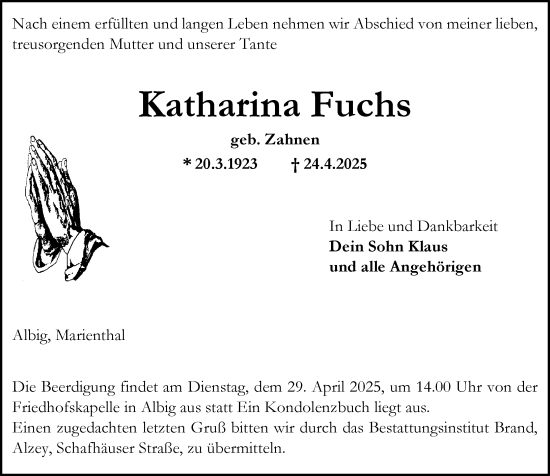 Traueranzeige von Katharina Fuchs von Allgemeine Zeitung Alzey