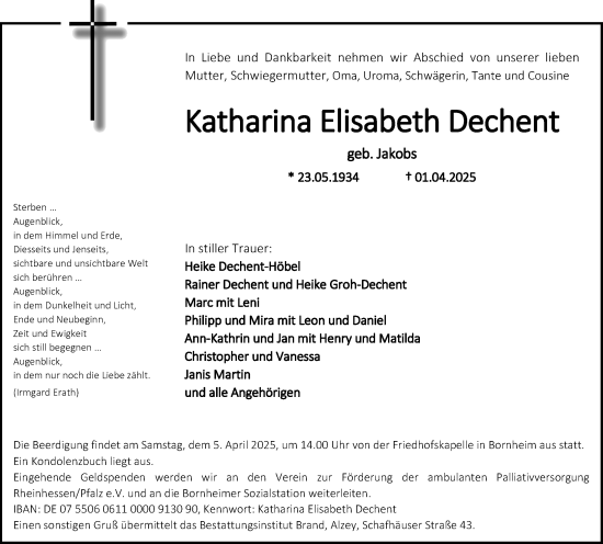 Traueranzeige von Katharina Elisabeth Dechent von Allgemeine Zeitung Alzey