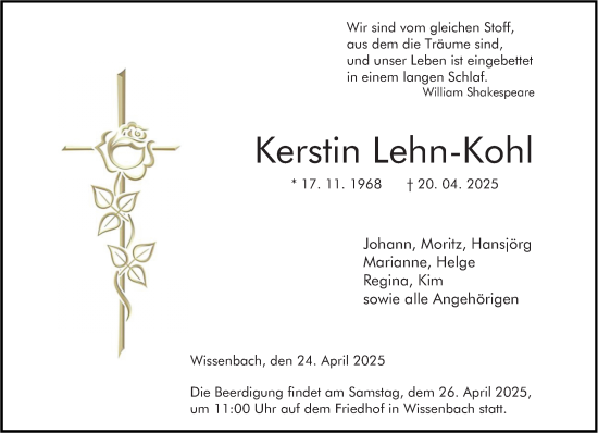 Traueranzeige von Kerstin Lehn-Kohl von Dill Block