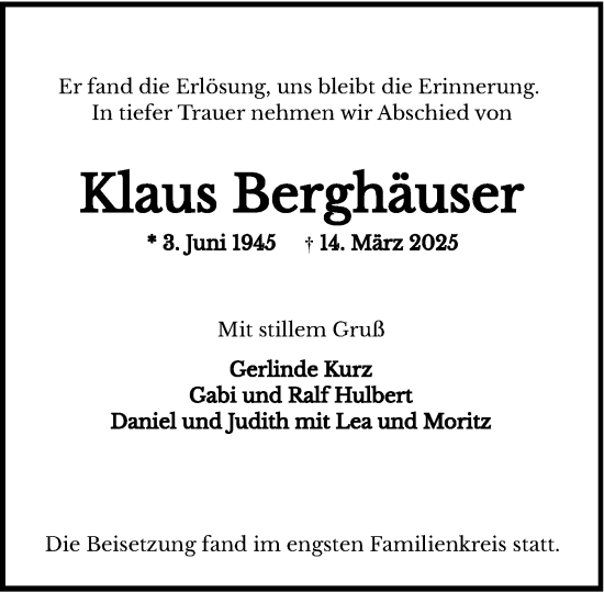 Traueranzeige von Klaus Berghäuser von Wiesbadener Kurier