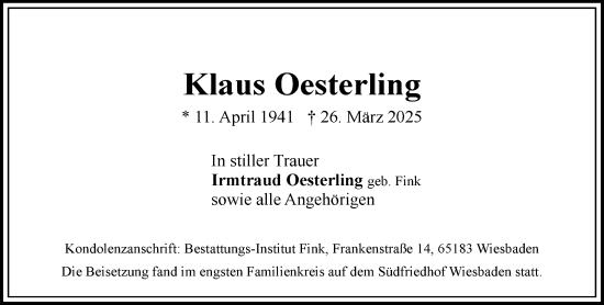 Traueranzeige von Klaus Oesterling von Wiesbadener Kurier