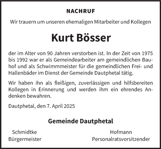 Traueranzeige von Kurt Bösser von Hinterländer Anzeiger