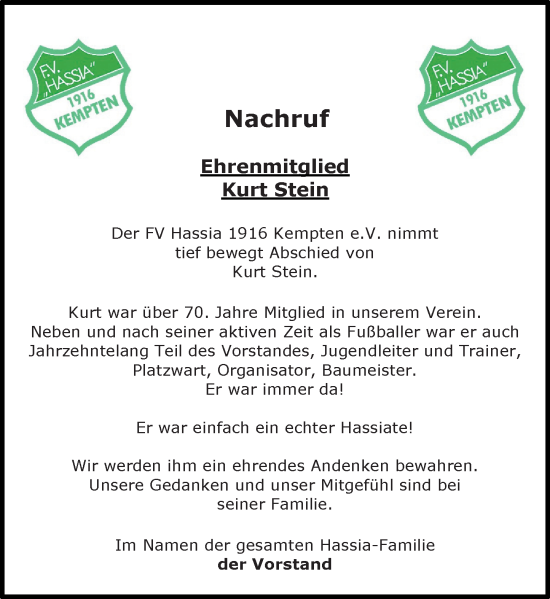 Traueranzeige von Kurt Stein von Binger-/Ingelheimer Wochenblatt