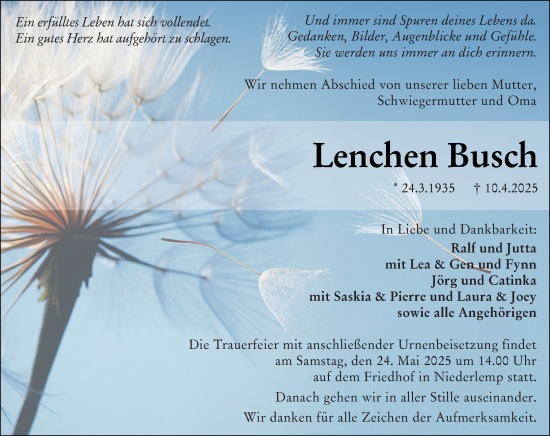 Traueranzeige von Lenchen Busch von Wetzlarer Neue Zeitung