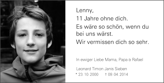 Traueranzeige von Leonard Timon Janis Sieben von Allgemeine Zeitung Mainz