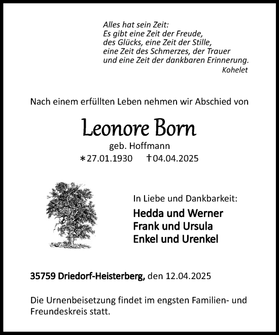 Traueranzeige von Leonore Born von Dill Block