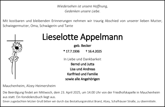 Traueranzeige von Lieselotte Appelmann von Wormser Zeitung