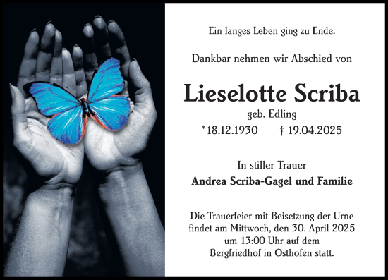 Traueranzeige von Lieselotte Scriba von Wormser Zeitung