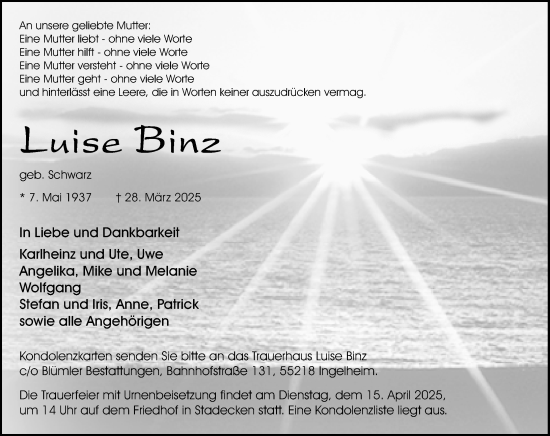 Traueranzeige von Luise Binz von Allgemeine Zeitung Mainz