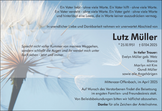 Traueranzeige von Lutz Müller von Dill Block