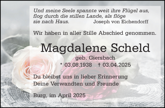 Traueranzeige von Magdalene Scheld von Dill Block