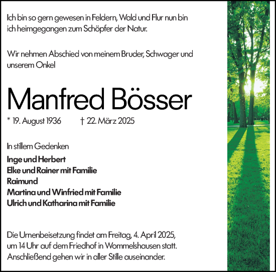 Traueranzeige von Manfred Bösser von Hinterländer Anzeiger