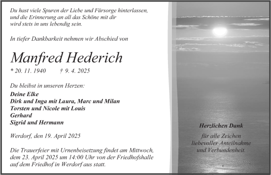 Traueranzeige von Manfred Hederich von Wetzlarer Neue Zeitung