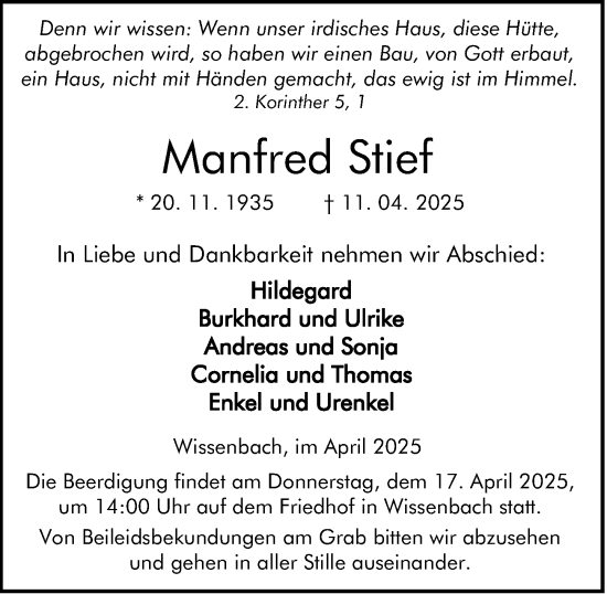 Traueranzeige von Manfred Stief von Dill Block