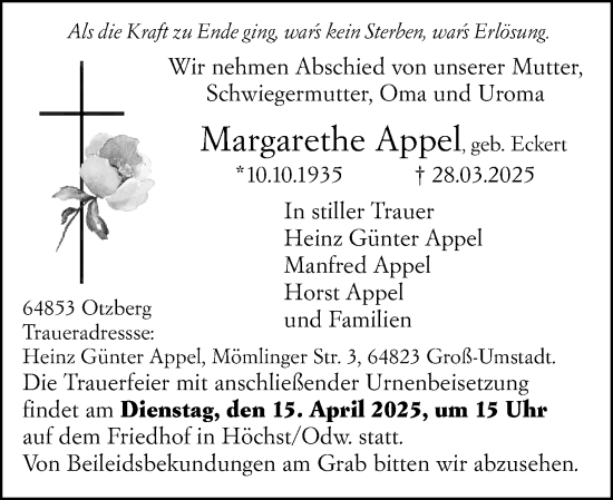 Traueranzeige von Margarethe Appel von Odenwälder Echo